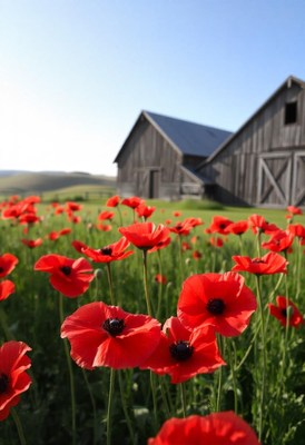 Red poppies bloom in a field near farm buildings