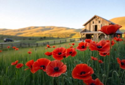 Red poppies bloom in a field near a rustic barn