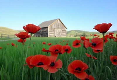Red poppies bloom in a field near a rustic barn