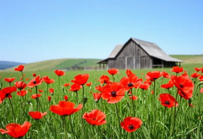 Red poppies bloom in a field near a wooden barn