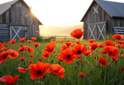 Red poppies bloom in a field near old barns