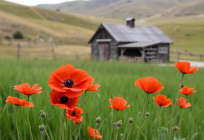 Red poppies bloom in a field near a rustic cabin