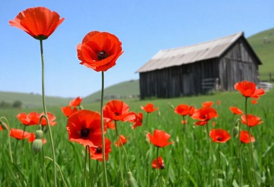 Red poppies bloom in a field near a wooden barn