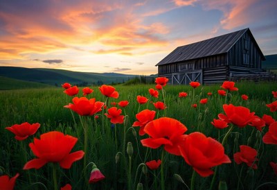 A field of red poppies blooms at sunset near a wooden barn