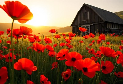 Red poppies bloom in a field at sunset