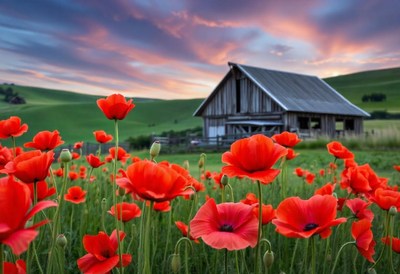 Red poppies bloom in a field near a weathered barn