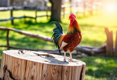 A rooster stands on a tree stump in a grassy field