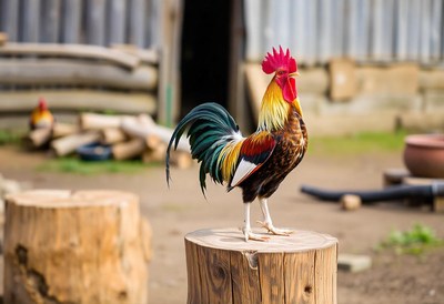 A rooster stands on a tree stump in a farm setting
