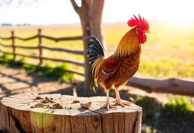 A rooster perches on a tree stump in a rural setting