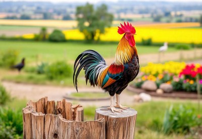 A rooster stands on a stump in a rural setting