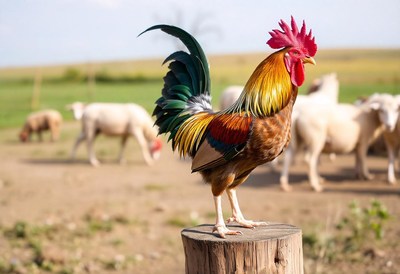 A rooster stands on a stump in a field