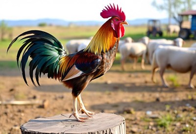 A rooster stands on a tree stump in a farm