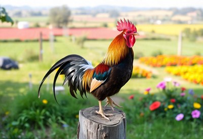 A rooster stands on a tree stump in a field of flowers