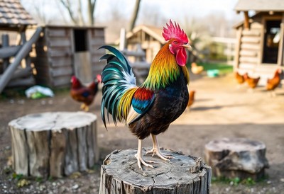 Colorful rooster on a tree stump in a barnyard