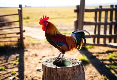 A rooster stands on a tree stump in a rural field