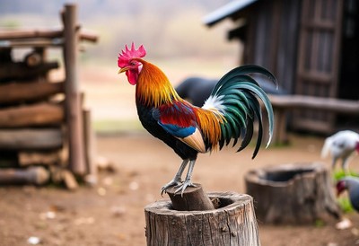 A colorful rooster stands proudly on a tree stump