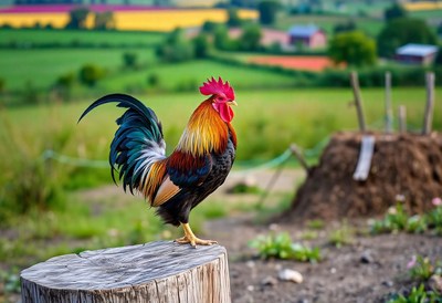 A rooster stands proudly on a tree stump in a rural setting
