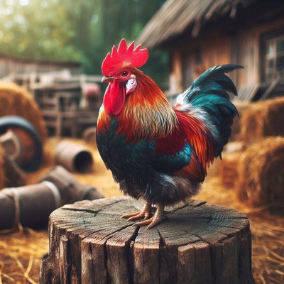 A rooster stands on a tree stump in a rural setting