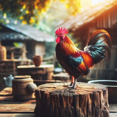 A rooster stands proudly on a tree stump in the morning sun