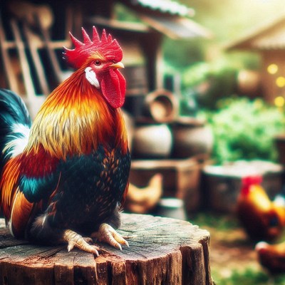 A rooster sits on a tree stump in a garden