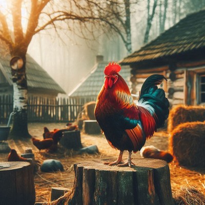 A rooster stands on a tree stump in a rural setting