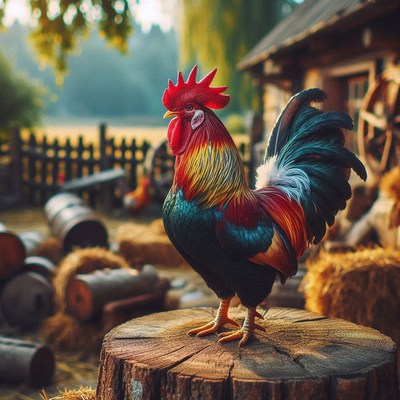 A rooster stands proudly on a tree stump in a rural setting