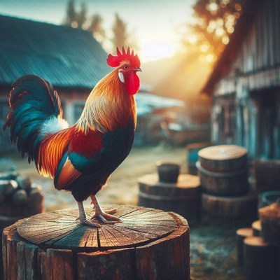 A rooster stands on a log in a rural setting