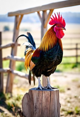 A rooster stands proudly on a tree stump in a rural setting