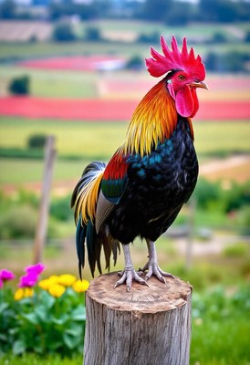 A rooster stands on a tree stump in a field