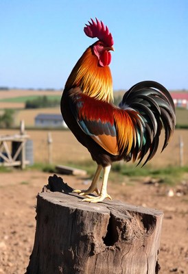A rooster stands proudly on a tree stump in a rural setting