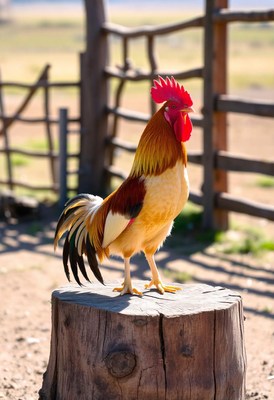 A rooster stands on a tree stump in a rural setting