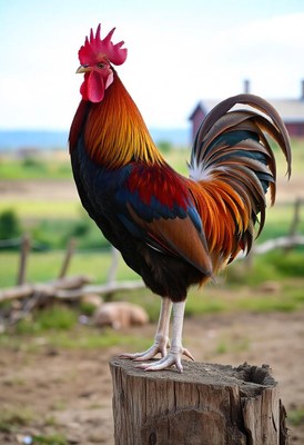 A rooster stands on a tree stump in a rural setting