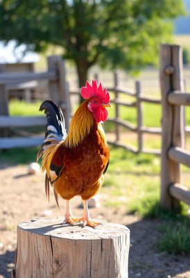 A rooster stands on a tree stump in the countryside