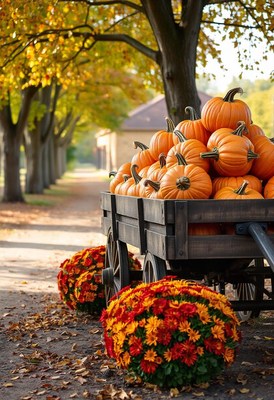 A wagon full of pumpkins sits on a path lined with trees