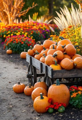 Wooden wagon of pumpkins by bright fall flowers