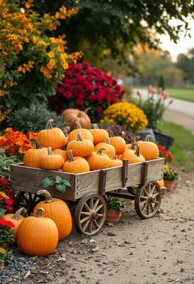 A wagon full of pumpkins sits in front of colorful flowers