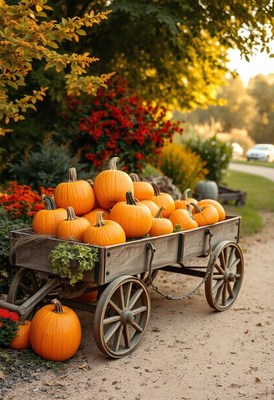 A wagon full of pumpkins sits on a dirt path