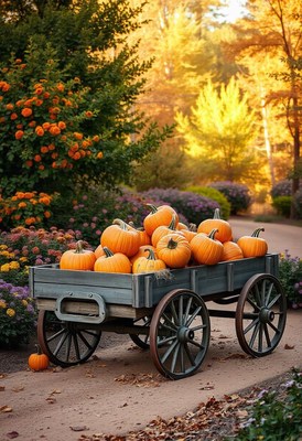 A wagon full of pumpkins sits in a fall scene