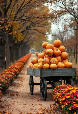 A wagon of pumpkins on a path of autumn flowers