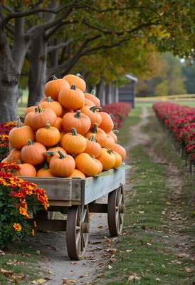 A wooden wagon filled with pumpkins sits on a path