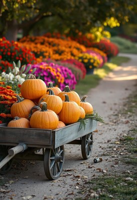 A wagon of pumpkins on a flower-lined path