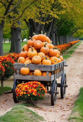 A wagon full of pumpkins sits on a path lined with trees