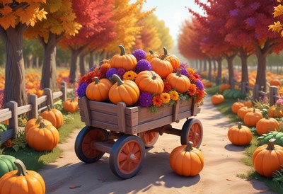 A wagon filled with pumpkins sits in a fall orchard