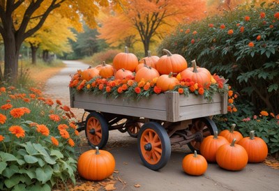 A wagon full of pumpkins sits in an autumnal setting