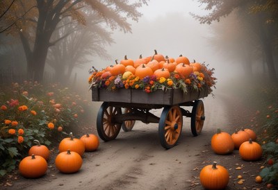 A wagon filled with pumpkins sits on a foggy path