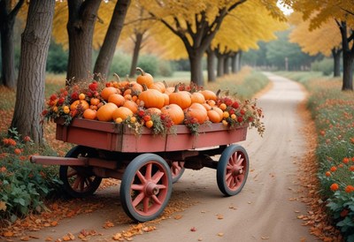 A wagon full of pumpkins sits on a path in the fall
