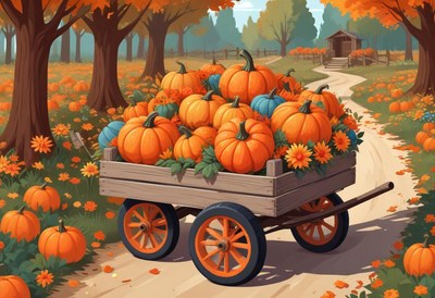 A wagon full of pumpkins sits on a path in a fall forest