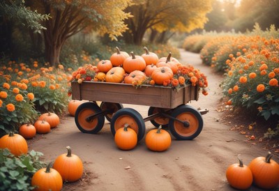 A wagon filled with pumpkins sits on a path in a fall garden