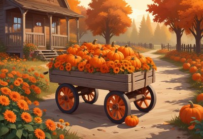 A wagon of pumpkins is parked by a farmhouse