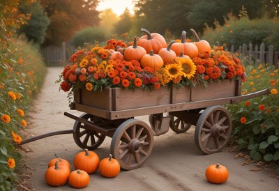 A wooden wagon with large wheels sits on a gravel pathway